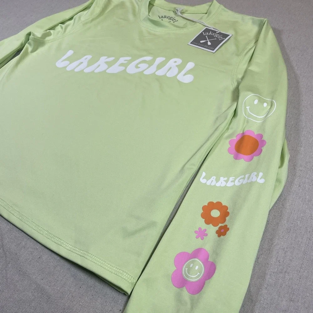 Lakegirl Rash Guard Kids Medium Lime Green Floral Smiley Sleeve Swim Top Surf